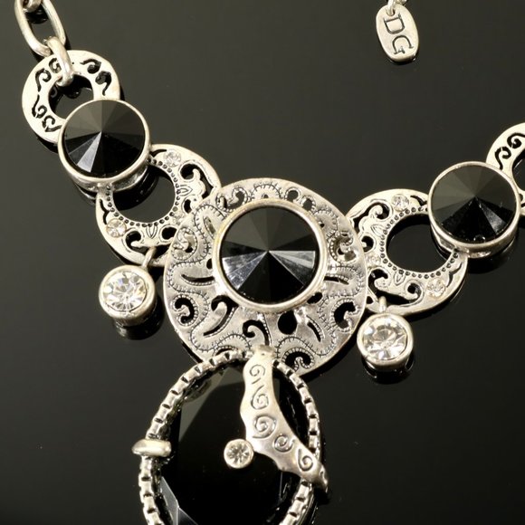 Chunky DG Necklace Black Stone Silver Tone - Picture 7 of 14